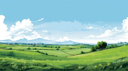 vector illustration style,Lush green fields under a clear sky isolate white background