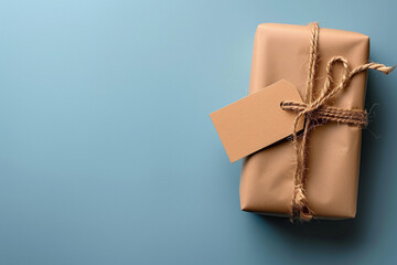 A neatly wrapped gift box with a blank tag floats serenely against an ethereal clean blue background, evoking a sense of celebration and anticipation for World Father's Day.
