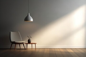 Simple and elegant interior with a single pendant lamp casting a soft glow on a blank wall, highdefinition, minimalist design, clean and tranquil, showcasing modern lighting and serene spaces