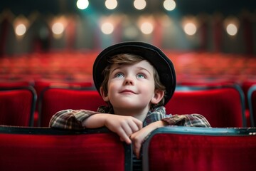 Young boy with a hat sitting alone in a theater, looking up in awe