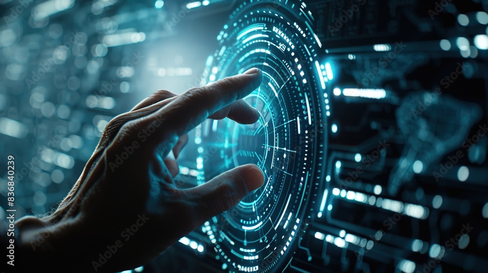 Poster a close-up of a hand touching a digital interface, showcasing the integration of human interaction w