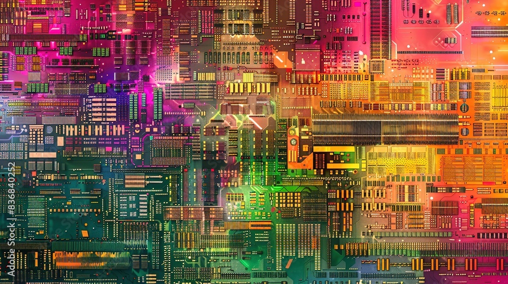 Poster a collage of colorful circuit board patterns, representing the intricate workings of digital systems