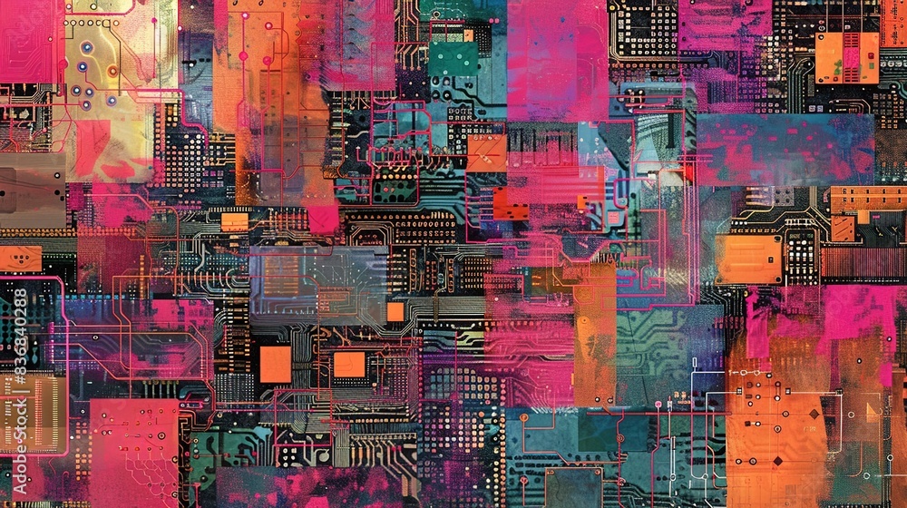 Poster a collage of colorful circuit board patterns, representing the intricate workings of digital systems