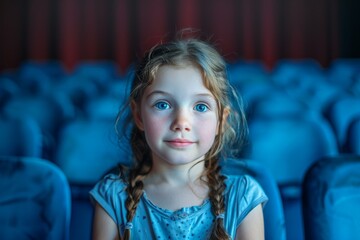 Adorable young girl with braided hair sitting in an empty cinema looking forward with excitement