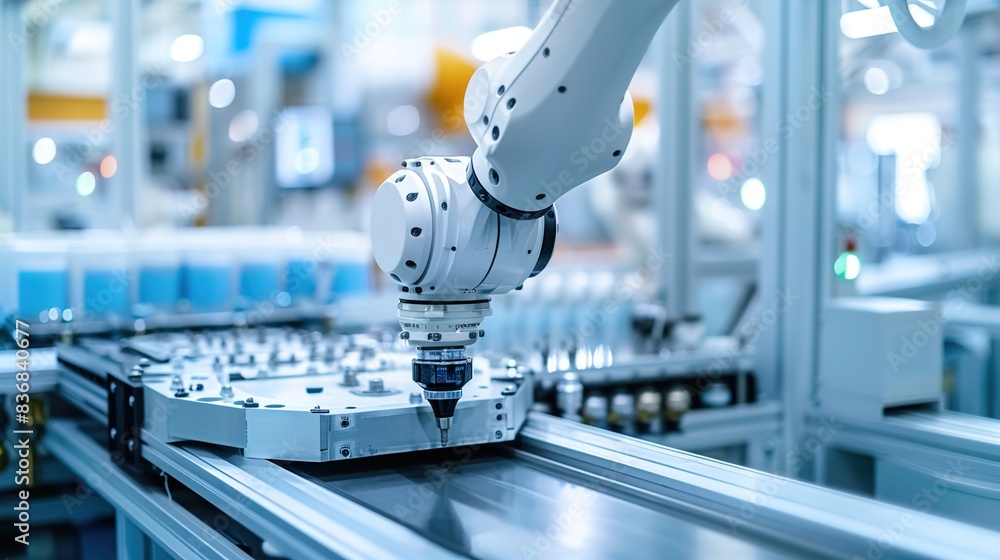 Poster a futuristic robotic arm working in a high-tech manufacturing facility, demonstrating the integratio