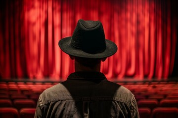 Silhouette of a man in a hat facing an empty stage with a red curtain