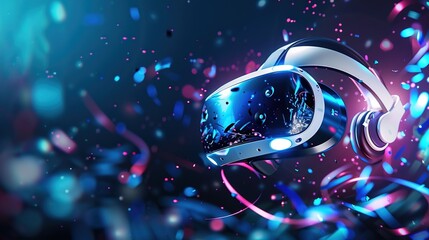 A virtual reality headset surrounded by abstract digital elements, showcasing the immersive experience of cutting-edge technology.