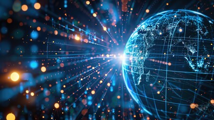 Obraz premium An illuminated globe surrounded by digital data streams, highlighting the interconnected nature of global business and technology.