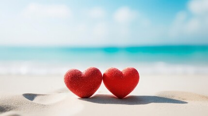 Closeup of two red hearts on a white sand beach with a blurred turquoise sea in the background, highresolution, romantic and serene, perfect for themes of love and tranquility in a beach setting