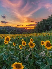 Fototapeta premium Majestic Sunset Over Sunflower Field - Perfect Sky for Inspirational Messages