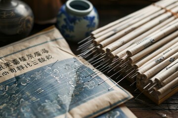 Detailed view of a classic chinese guzheng on a patterned fabric with a serene background