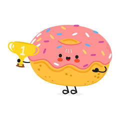 Cute funny Doughnut hold gold trophy cup. Vector hand drawn cartoon kawaii character illustration icon. Isolated on white background. Doughnut with winner trophy cup