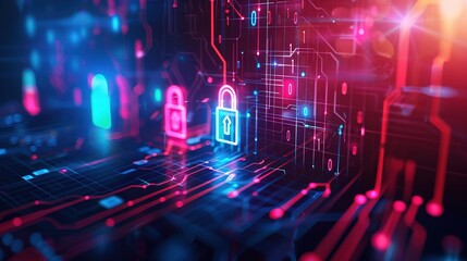 Fototapeta premium A high-tech cybersecurity concept with digital locks and encrypted data, symbolizing the importance of protecting sensitive information.