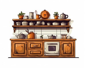 vector illustration style,Rustic kitchen with wooden cabinets and vintage items isolate white background