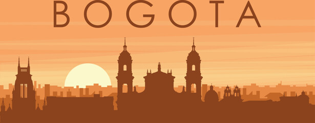 Naklejka premium Brown panoramic poster of the city skyline with misty background buildings, sunrise, clouds and mountains of BOGOTA, COLOMBIA