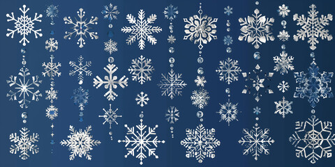 A blue background with many snowflakes scattered around. The snowflakes are of various sizes and shapes, and they are all white. Concept of winter and the beauty of snow