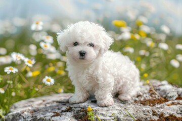 Cute white puppy sits on a rock surrounded by white daisies under a sunny sky