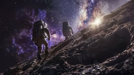 a team of astronauts conducting a geological survey on the surface of a distant moon, with stars and a nebula in the background