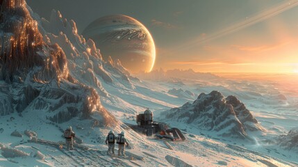 a team of astronauts setting up a scientific outpost on the icy surface of Europa, with Jupiter visible in the background