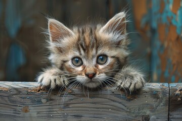 Cute longhaired tabby kitten gazes with big blue eyes while peeking over a rustic wooden ledge
