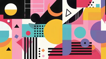Obraz premium Abstract background with colorful geometric shapes and lines in the style of Memphis design, with a pink yellow blue simple, minimalist, colorful, fun, playful, and cute an empty space for text