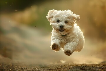 White fluffy puppy leaps playfully against a soft, goldenhued background