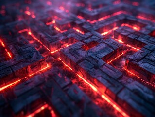 Abstract futuristic digital network with glowing red lines.