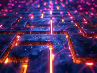 Abstract futuristic circuit board with glowing neon lights.  A vibrant digital concept.