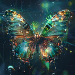 A vibrant, digital butterfly with glowing wings against a dark, tech-inspired background.