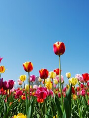 Fototapeta premium Blooming Beauty: Colorful Field of Tulips under Clear Blue Sky with Copy Space