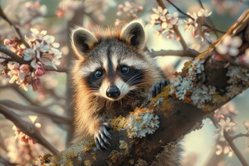 A charming raccoon peeks out from a tree adorned with spring blossoms