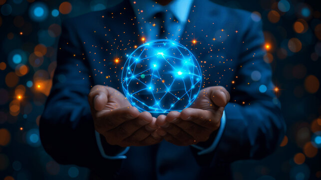 Businessman holding the contecting symbol. The  online conection is on your hand that is the digital world.