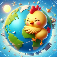 Naklejka premium cute chicken hug earth world globe cartoon , 3d Generative AI