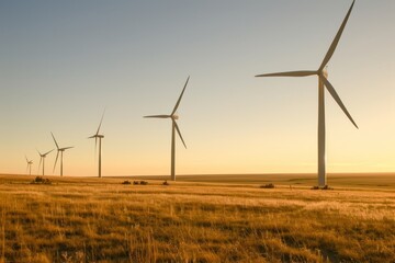 Fototapeta premium Golden Hour Glow: Wind Turbine Farm Silhouettes at Sunset with Copy Space for Text Overlay