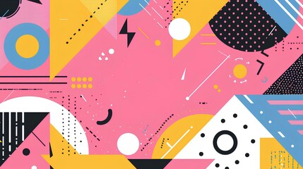 Obraz premium Abstract background with colorful geometric shapes and lines in the style of Memphis design, with a pink yellow blue simple, minimalist, colorful, fun, playful, and cute an empty space for text