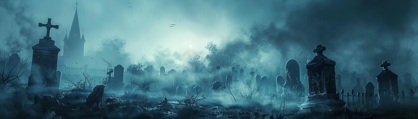 Long shot of a spooky graveyard at dusk, eerie mist swirling around ancient tombstones, creepy zombies emerging from the shadows, photorealistic digital art, haunting atmosphere