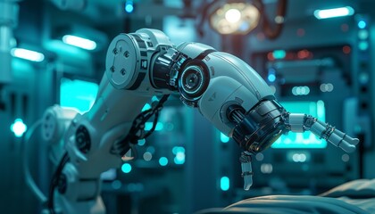 Close-up of a robotic arms performing automated medical health care operation.