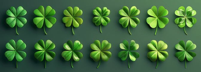 A collection of 3D clovers in various shades of green, representing luck and celebration for Saint Patrick's Day, featuring traditional Irish symbols and a spring floral touch.