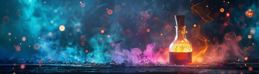 Magic potion bubbling with colorful fumes, Halloween night, selective focus, mysterious, vibrant, silhouette, ancient apothecary backdrop