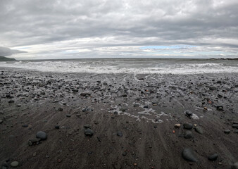 Rocky beach under cloudy sky with scattered leaves in Ballantrae, Ayrshire, Scotland, UK