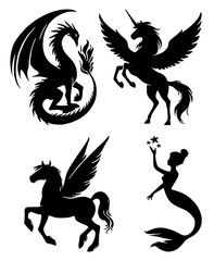 Mythical Silhouette: Dragon, Unicorn, Mermaid, Fantasy Creatures, Flat Vector Illustration