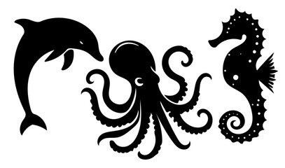 Sea Animals Silhouette: Octopus, Dolphin, Seahorse, Marine Life, Underwater Creatures, Flat Vector Illustration