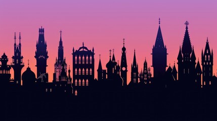 Black silhouettes of historic buildings on a gradient purple background, merging tradition with bold color