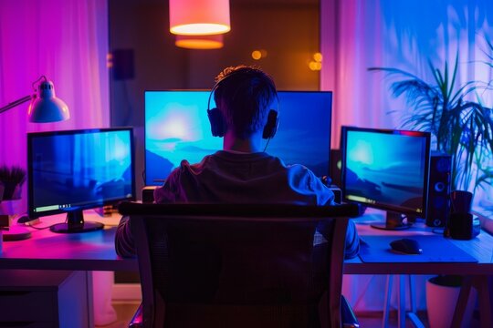 Back view of a gamer at a hightech computer station with multiple screens illuminated in vivid colors