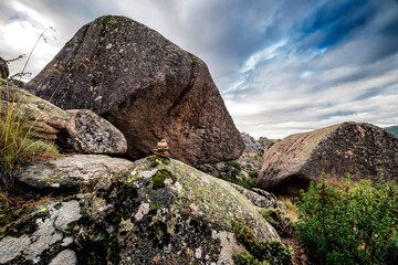 Granite rocks and milestone at The Pedriza Regional Park. Madrid.