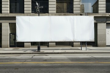 Large, empty white billboard for advertising, set against a city building facade with clear skies