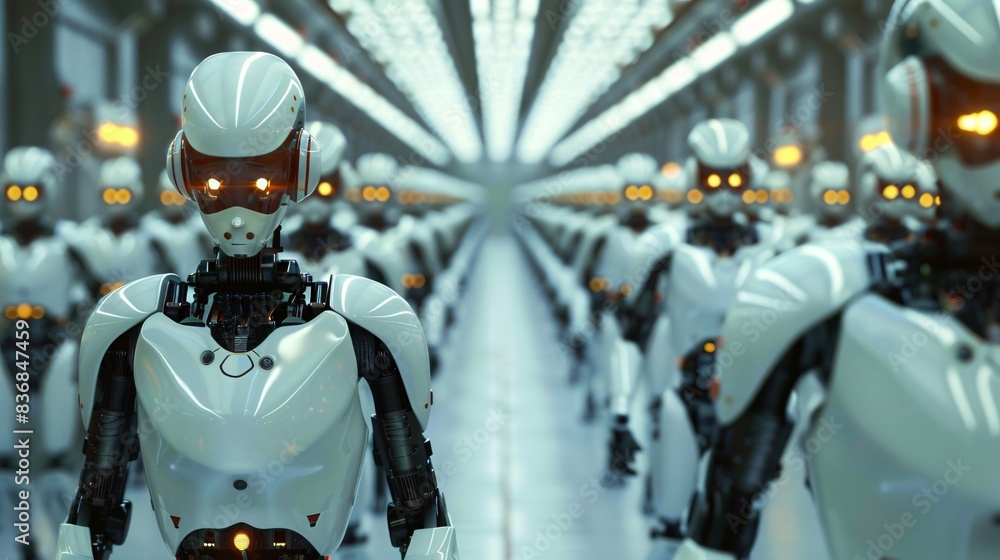 Aufkleber futuristic robots in a high-tech factory setting with advanced ai technology, rows of identical whit