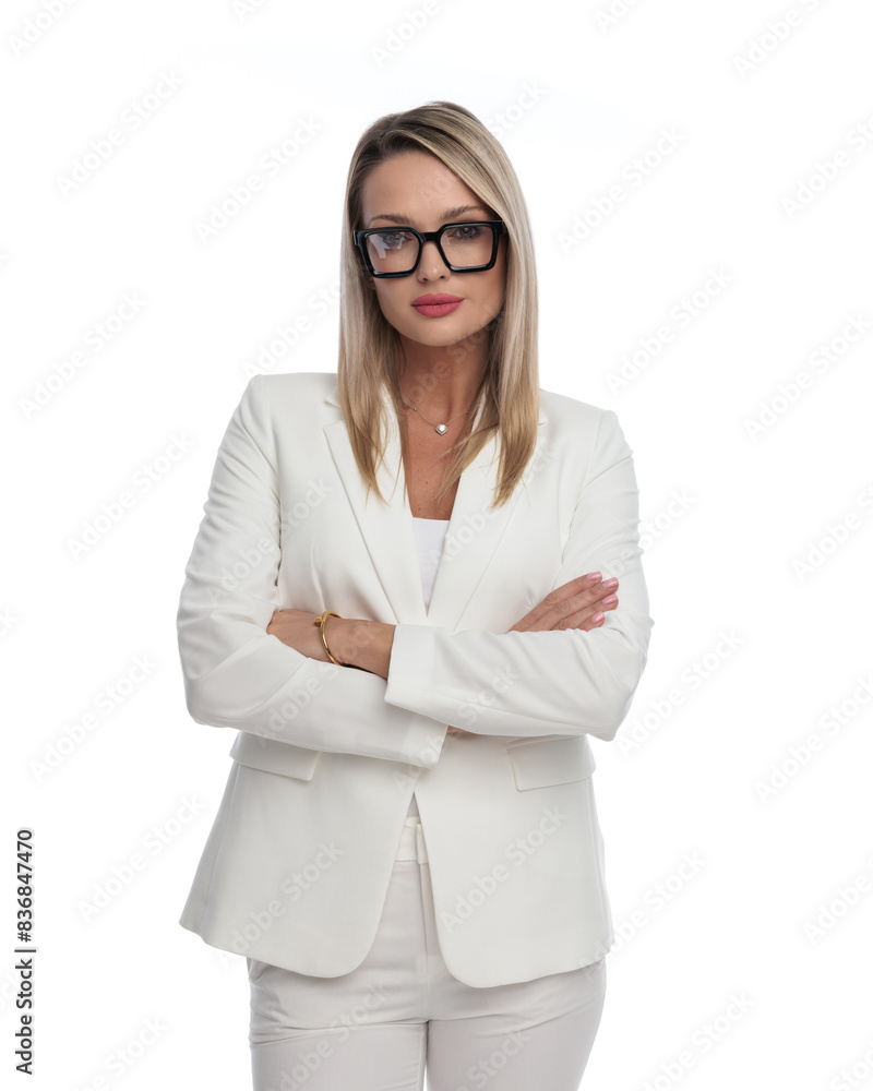 Sticker closeup of confident businesswoman holding arms crossed