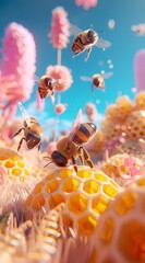 A group of bees flying around a yellow and pink background. The bees are in different positions, some are flying close to each other while others are flying further away. The scene has a playful