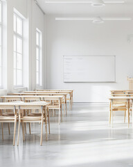 Minimalist empty classroom with modern furniture.